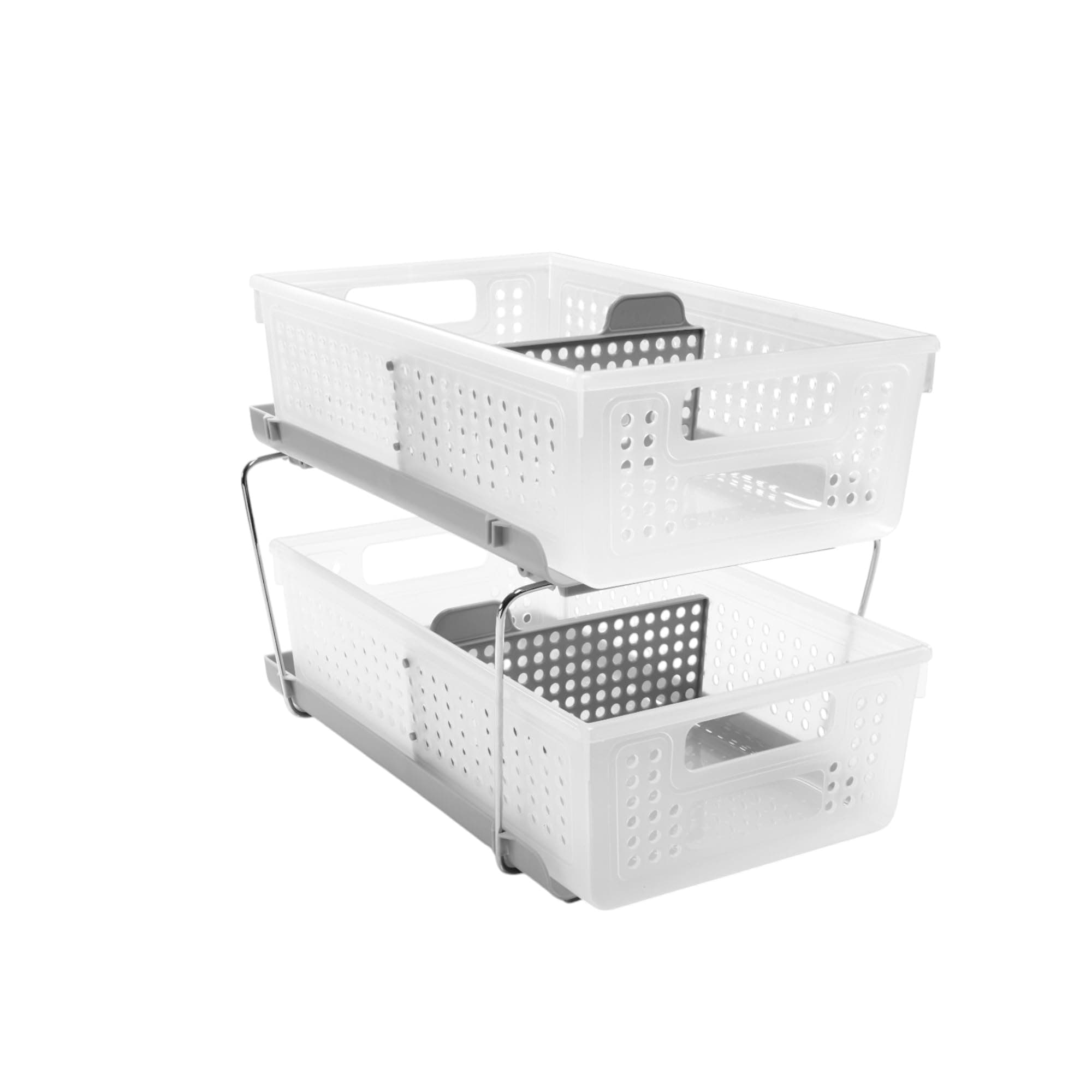 Madesmart 2-Tier Organizer, Multi-Purpose Slide-Out Storage Baskets With Handles And Dividers, Frost