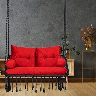 Patiofy Premium Double Seater Hanging Swing/ 2 Seater Swing for Balcony/Double Seater Swing Chair/Jhula with Red Full Body Sitting Cushion & Hanging Kit- Black, Polyester