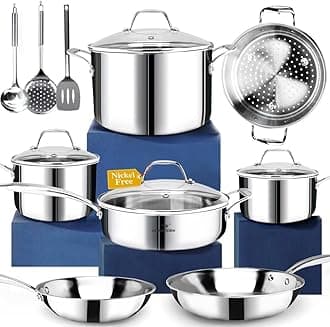 14-Piece Nickel Free Stainless Steel Cookware Set Whole-Clad 3-Ply - Mirror Polished Pots And Pans Set - Healthy Cookware Set With Steamer - Non-Toxic Induction Cookware Sets