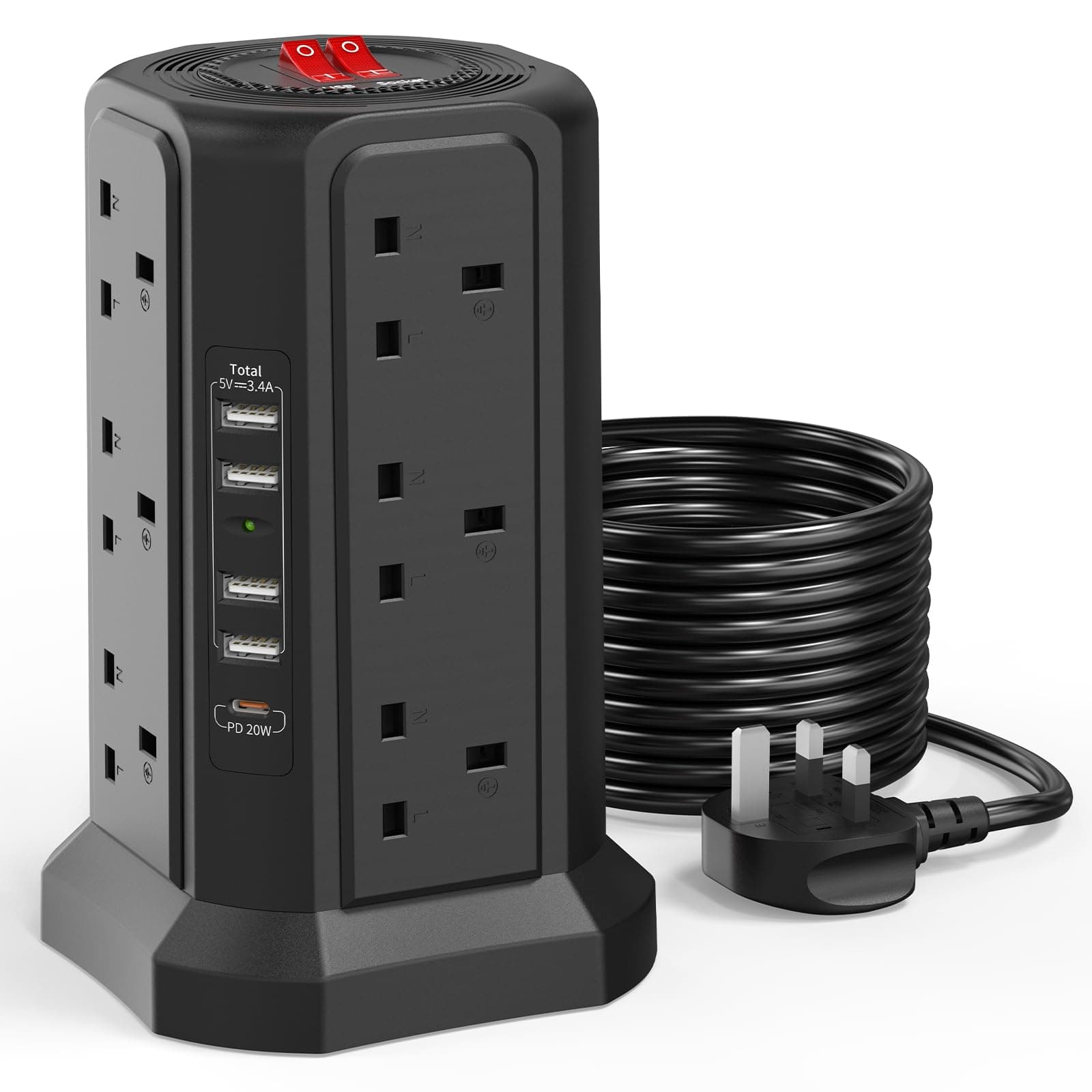Tower Extension Lead with USB Slots and USB C Fast Charger, (13A 3250W) 5 USB Ports and 12 Way Extension Tower, Extension Cable for Home, Office (Black, 5M)