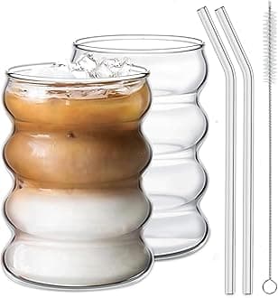 2 Pcs Drinking Glasses with Glass Straw 14oz Glassware Set,Cocktail Glasses,Iced Coffee Glasses,Beer Glasses,Ideal for Water,Soda,Tea,Gift - with Cleaning Brushe