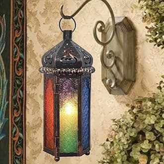 Ramadan Decorations, Candle Lanterns Decorative Indoor & Outdoor, 14.4'' Vintage Moroccan Hanging Lantern with 6 Colors Glass, Metal Candle Holder for Home Front Porch Patio Decor