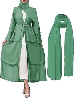 APRROOTMuslim Abaya Dress for Women Modest Muslim Robe Long Sleeve Open Front Cardigan Islamic Dubai Outfits with Hijab Belt