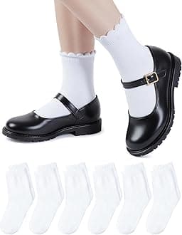 6 Pairs Girls White Ruffle Socks School Uniform Dress Socks for Kids Seamless Crew Ankle Cotton Size 2-14 Years