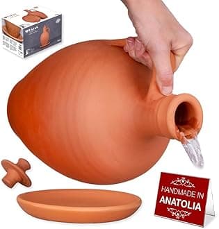 Hakan Anadolu 106 oz (3.3 qts) Natural Clay Water Pitcher Set | Unglazed Terracotta Carafe & Plate | Traditional Mud Jug | Pottery Jar Cooler for Summer, Beverage | Large