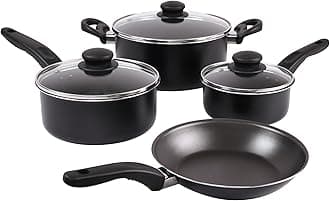 7 Piece Non Stick Aluminium, Pots and Pans Cookware Set, Black