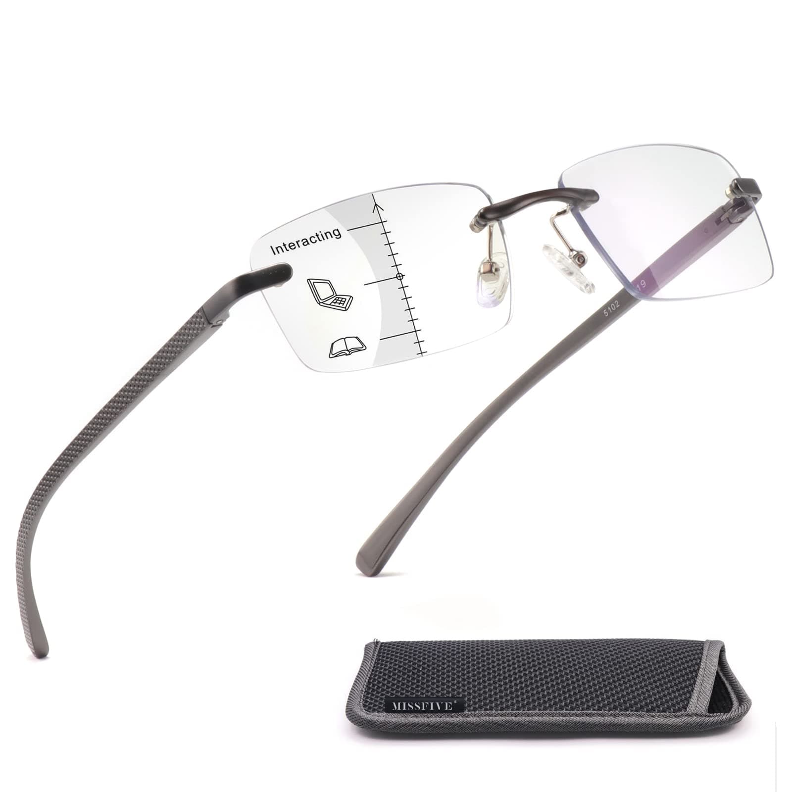 Premium Aluminum Progressive Multifocus Reading Glasses Men Blue Light Blocking, No-Line Spring Hinge Rimless Office Multifocal Metal Readers,1.25x-2.5x on A Lens for Near Range, Gunmetal