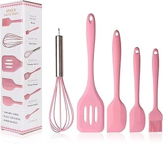 BINHAI Silicone Spatulas Set - Pink 5 pcs Kitchen Utensil Set - Basting Pastry Brush - Pastry Oil Brush - Egg Beater - Slotted Turner - Silicone Cooking Spatula Non-Stick