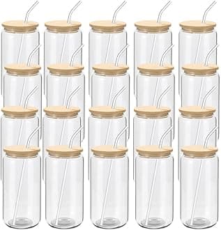 YOUKE OLA 20 Pack Glass Cups with Bamboo Lids and Glass Straw 16oz Beer Can Shaped Drinking Glasses Cups, Glass Tumbler Reusable Cute Cups for Whiskey, Iced Coffee, Tea, Soda, Cocktail, Gift, Clear