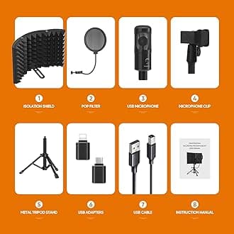 Studio Recording Microphone Isolation Shield with Pop Filter and Metal Tripod Stand, Studio Mic to PC Laptop Smartphone, Music Microphone for Recording Singing Podcasting