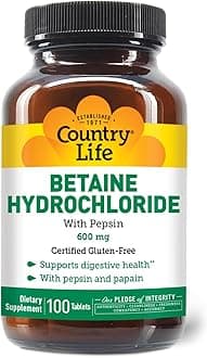 Country Life Betaine Hydrochloride with Pepsin, 600mg, 100 Tablets, Certified Gluten Free