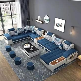 Zikra Dapper2 Interchangeable U Shape Latest Model Attractive Sectional Sofa Set With Stunning Smart Console - Couch 12 Seater Lounger Room, Of 11 Items. Upholstery Fabric, Navy Blue-White