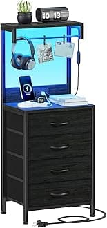 Furnulem Tall Nightstand with 4 Drawers, Night Stand with LED Lights and Charging Station, Bedside Table with Storage Shelves, End Side Table for Bedroom, Office (Black Oak)