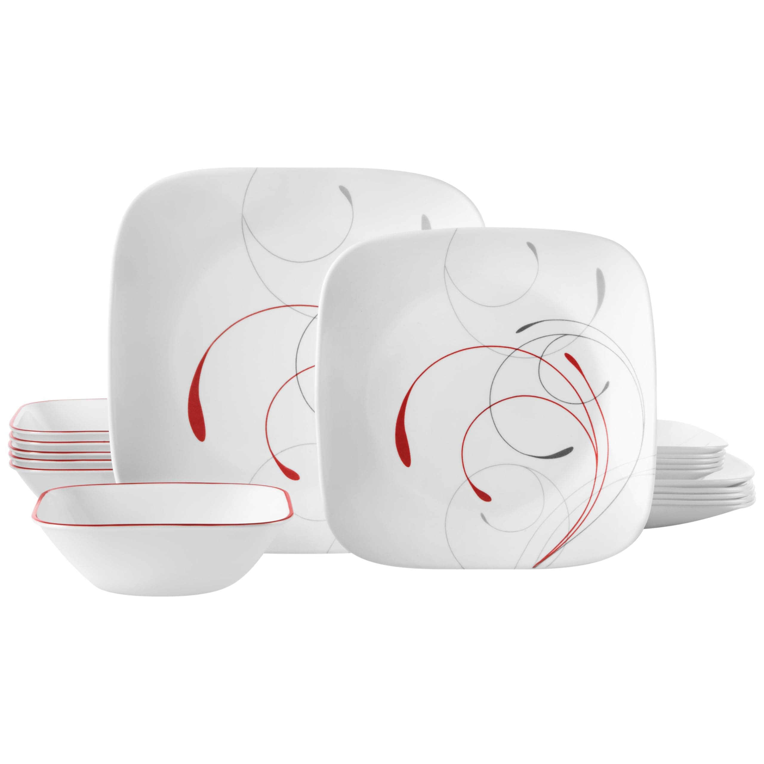 Corelle Vitrelle 18-Piece Service for 6 Dinnerware Set Triple Layer Glass and Chip Resistant, Lightweight Square Plates and Bowls Set, Splendor