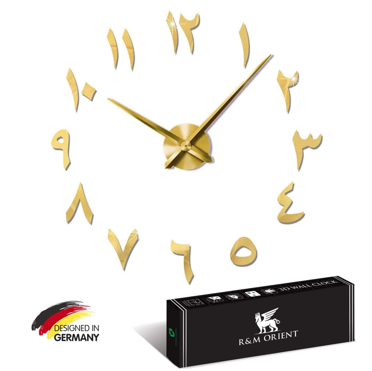 R&M ORIENT 3D Arabic Wall Clock Large Modern Mute DIY - Decoration Gift - Living Room Home Office (Gold)