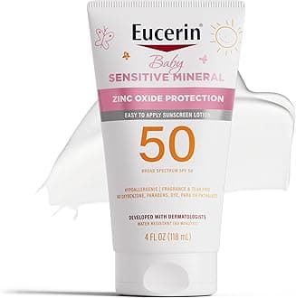 Eucerin Sun Sensitive Mineral Baby Sunscreen Lotion SPF 50 with Zinc Oxide Protection, Hypoallergenic Mineral Sunscreen for Babies, Tear Free and Fragrance Free, 4 Fl Oz Tube