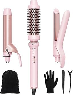 Wavytalk 3 in 1 Curling Wand Set, Multi Curl, Curling Iron Set with Heated Round Brush, Flat Iron Hair Straightener, 1 1/4 inch Curling Iron, Dual Voltage Hair Curler(Pink)