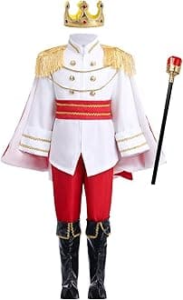 FYMNSI Prince Charming Costume for Kids Boys Halloween Carnival Cosplay Party Fancy Dress Up Tunic Top Pants Crown Scepter Set