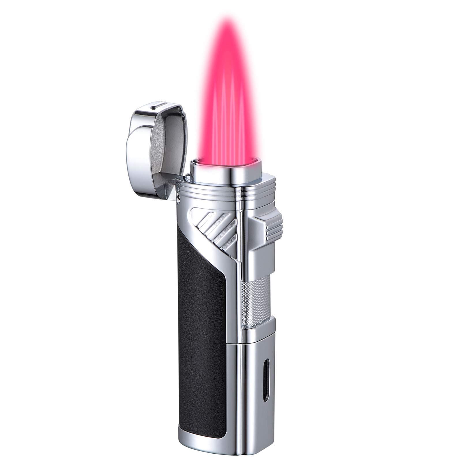 Torch Lighter, 4 Jet Flame Adjustable Windproof Butane Refillable Lighter, with Fuel Visible Window and Puncher, for Candle Gas Heater Stovetop Outdoors Survival- Butane Gas Not Included