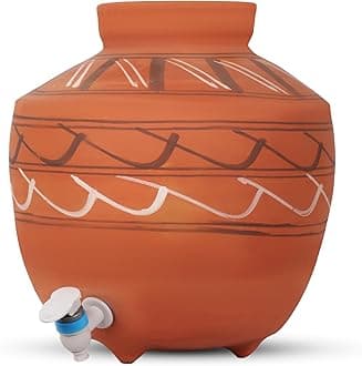 The Kumbhar Terracotta Clay Water Pot (13 Liter) | Earthen Pot for Storing Water with Lid | with Hand-Painted Geometric Design Mitti ka Matka Pani ka ghada | Matki with Tap & Lid (13 Liter)