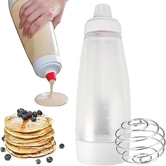 [1000ml] Hand Pancake Batter Dispenser with Wire Whisk - Squeeze Bottle Shaker for Cupcakes, Crepes, Muffins & More