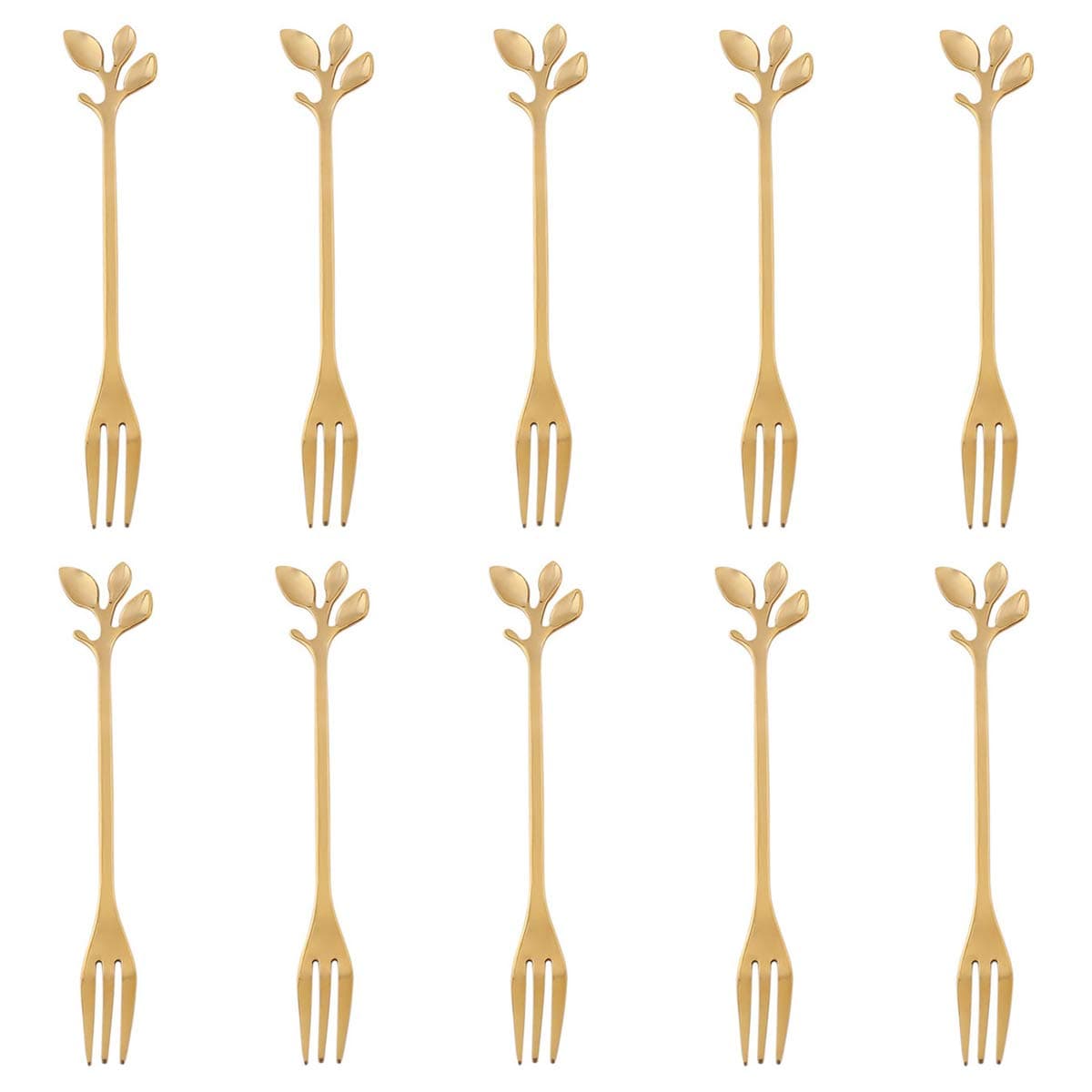 AnSaw 10-Piece Gold Mini Leaf Dessert Forks Set - 4.7" Elegant Stainless Steel Fruit, Appetizer, Cake & Salad Forks - Perfect for Cocktail Parties & Home Use