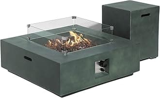 COSIEST 2-Piece Outdoor Propane Firepit Table Set, Green Faux Stone 35 inches Square Fire Table w 50,000 BTU Stainless Steel Burner, Wind Guard, w Metal Lid 20gl Hideway Tank for Garden, Porch