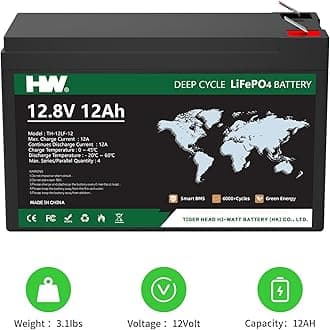 HW 12V Lithium Battery 12Ah, Rechargeable 12V LiFePO4 Batteries, 6000+ Deep Cycles, 12A Built-in BMS, Low Self-Discharge Rate for RV, Power Wheels, Fish Finder