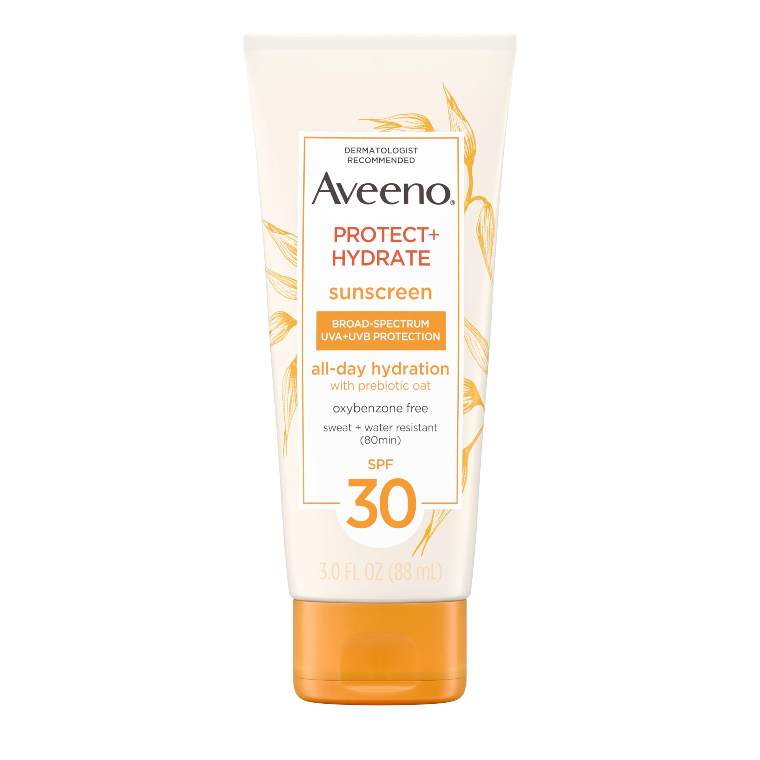 Aveeno Protect + Hydrate Moisturizing Sunscreen Lotion with Broad Spectrum SPF 30 & Prebiotic Oat, Weightless Sweat & Water-Resistant Full Body Sunscreen, Oxybenzone-Free, 3.0 fl. oz