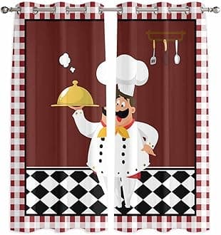 Kitchen Chef with Gourmet 2 Piece Window Curtain for Bedroom Living Room 84 Inch Long, Red Checkered White Lace Privacy Protection Drapes with Grommet Top (80" W x 84" L)