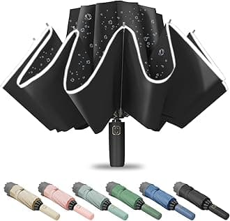 Large Windproof Travel Umbrella, Portable Reverse Folding Car Umbrella, Compact Inverted Design with Waterproof Canopy, Automatic, 10 Durable Ribs, 45.6/13 Inch, Fits Backpack