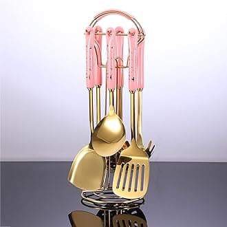7 Pieces Gold Cooking Utensil Set with Hanging Shelf Kitchenware Cookware Set Stainless Steel 304 Nonstick Heat Resistant Ceramic Handle BPA Free Dishwasher Safe, Pink