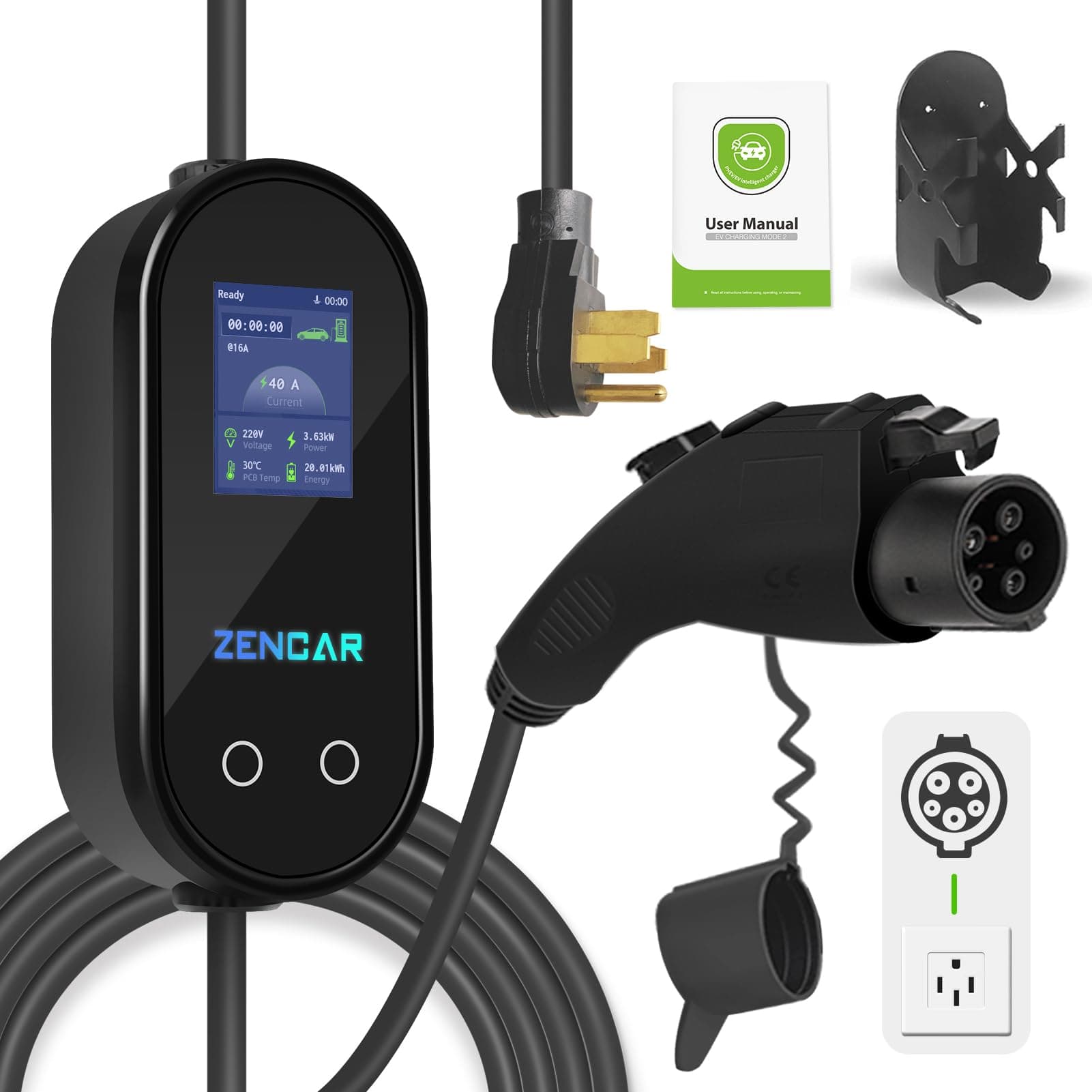 Level 2 EV Charger 40 Amp NEMA 14-50 25FT Portable EVSE D Electric Vehicle Car Charging Station, Fixed Time Charging, Total Charging Energy Record (SAE J1722, Adjustable Amp, Time Delay)