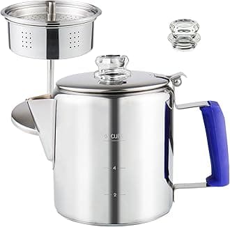 Multi Use Coffee Percolator with Heat Resistant Glass Knob & Blue Silica Gel Handle, Stainless Steel Coffee Maker for Indoor Induction Cooktop, Electric Stove, Outdoor Campfire Stovetop 6 Cup