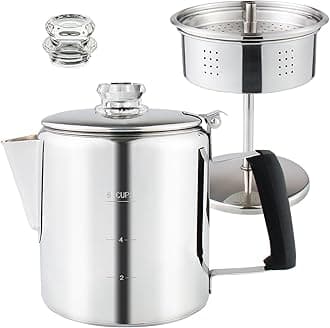 Multi Use Percolator Coffee Pot Stainless Steel Stove Top Coffee Maker with Two Tough Borosilicate Glass Knob Silica Handle Camping Coffee Pot Using on Campfire Stove & Induction Cooker Silver 6 Cup