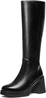 Black Knee High Boots for Women - Platform Tall Boots Square Toe Chunky Block Heeled Gogo Boots B 12