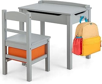 Kids Table and Chair Set, Flip Top Toddler Study Desk w/Chair for Playroom & Nursery, Wood Activity Table Set w/Storage Space, Safety Hinge, Pull-Out Drawer & Hook for Arts, Crafts (Grey)