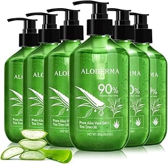 Aloderma Aloe Vera Gel + Tea Tree Oil, Made within 12 Hours of Harvest with 90% Organic Aloe Vera, Multipurpose Use for After Sun, Hair, Scalp, and Face or Shaving Gel & Aftershave - 10.6Oz x 6btls