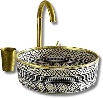 MIRATILE Handmade Ceramic Basin Sink, Handwash Countertop Vanity Basin, Farmhouse Bathroom Basin, Sink Bowl with Brass Rim Edge, Hand Painted Wash Basin Sink (12"= 30cm, Contact us for More Colors)