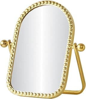 Vintage Vanity Table Mirror, Desk Makeup Mirror Metal Framed with Stand, Gold Arched Retro Mirrors 360 Adjustable Rotation for Tabletop, Bedroom, Bathroom, Living Room, Antique 10.8'' x 7''