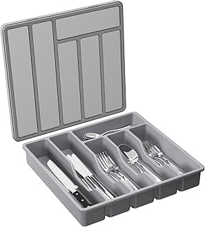 Lifewit Cutlery Tray with Lid, Cutlery Storage Box for Kitchen Drawer and Countertop, Utensil Flatware Silverware Holder Divider for Spoons Forks Knives Tableware, 6 Compartments, Grey
