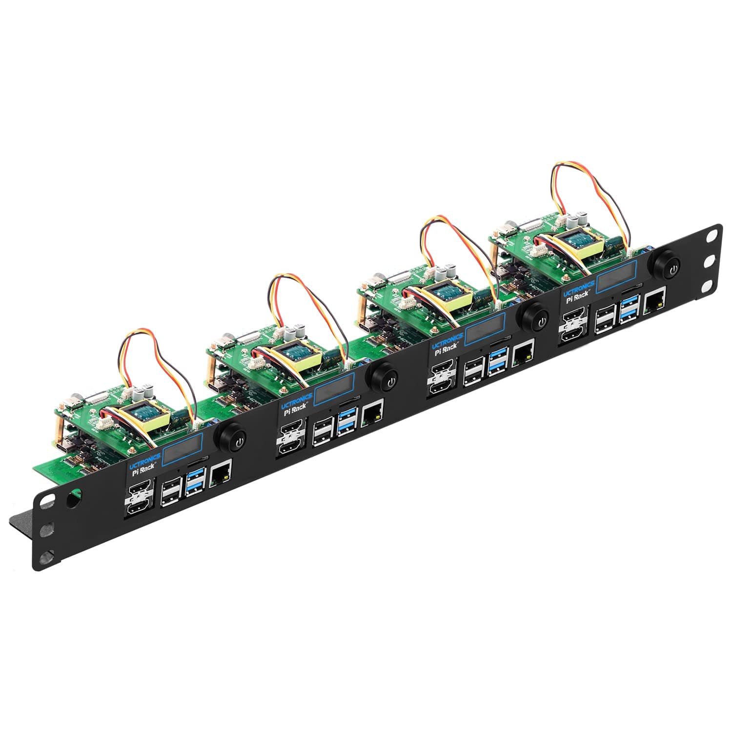 Ultimate Rack with PoE Functionality for Raspberry Pi 4, 19" 1U Rackmount with PoE HAT, All IO on One Side, OLED Display, Power Switch, and Cooling Fan
