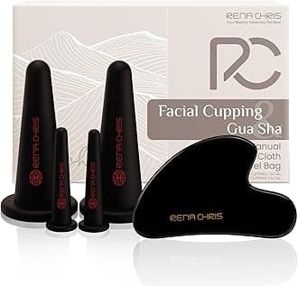 Rena Chris Facial Cupping Set & Gua Sha Facial Tool - Silicone Cupping Set & Obsidian Gua Sha Stone - Face Cupping Therapy Set for Natural Skin Care, Puffiness, Lip Plumping(Black)