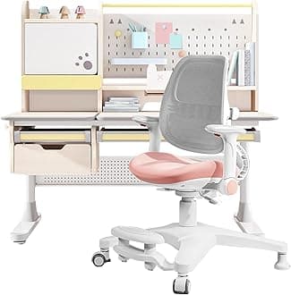 FCD Kids Study Desk and Chair, Wooden Height Adjustable Ergonomic Children Reading Writing Drafting Desk with Large Bookshelf, Tiltable Desktop, Cabinets and Pull-Out Drawer (Desk with Pink Chair)