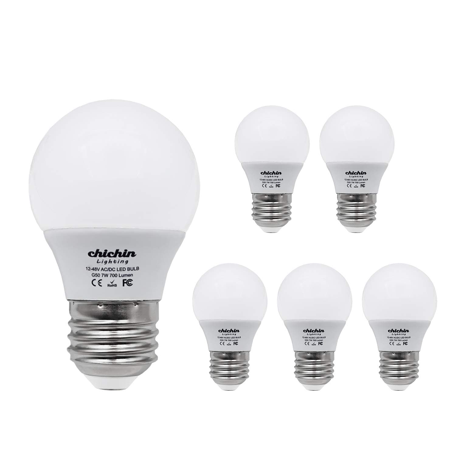 ChiChinLighting 12 Volt 7 Watt LED Light Bulb (6 Bulbs per Pack) - E26/E27 Light Bulb 12v Low Voltage - Daylight White (Cool White) 6000k 7w Light Bulb - Off Grid Solar System, RV, Marine LED Lights