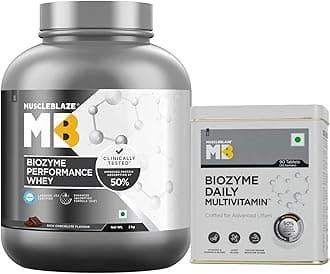 MuscleBlaze Biozyme Performance Whey Protein | Informed Choice UK & Labdoor USA Certified (Rich Chocolate, 2 kg / 4.4 lb) with Biozyme Daily Multivitamin for Men, 90 Tablets (Combo Pack)