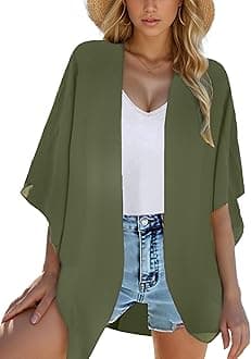 Moss Rose Women's Floral Print Solid Beach Swimsuit Kimono Cardigans Chiffon Casual Loose Open Front Cover Ups Tops - green - One Size