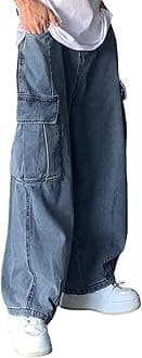 FaonkeewBaggy Jeans Men's Straight Leg Jeans Y2k Teenager Boy Streetwear Skateboard Trousers Fashion Oversized Pockets Cargo Denim Trousers Hip Hop Trousers with Wide Leg