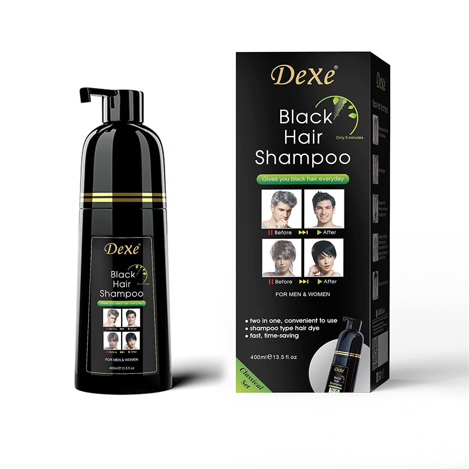 Dexe Hair Dye Shampoo 14.1 Fl Oz, Gray Hair Coverage, Black Hair Dye, Hair Color Shampoo, Black Hair Shampoo for Men & Women