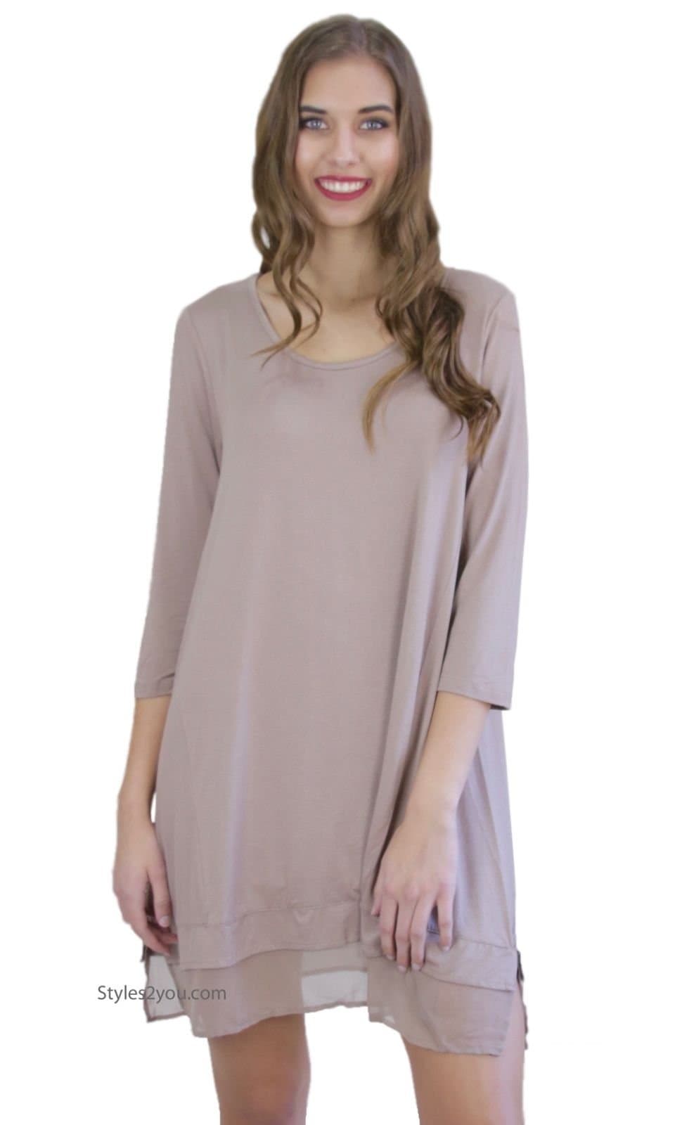 Monoreno Texas 3/4 Sleeve Basic Knit Dress With Chiffon Hem In Dune (Large, Dune)